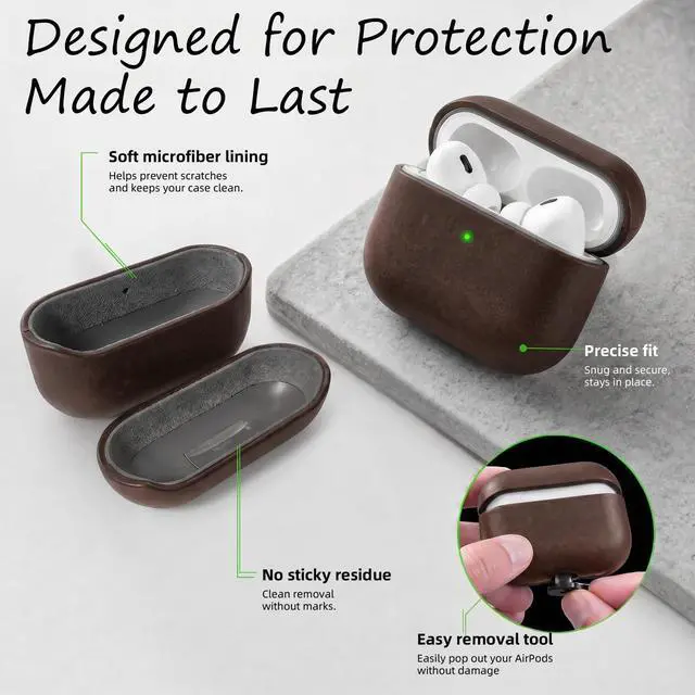 Alt view image 4 of 7 - for AirPods Pro 3 Genuine Leather CaseAll-Round ShockproofMulti Leather, Frame+Hide Patented Dual LayerWireless Charging ReadyLED Visiblewith Lanyard (Dark Brown, Crazy Horse Leather)