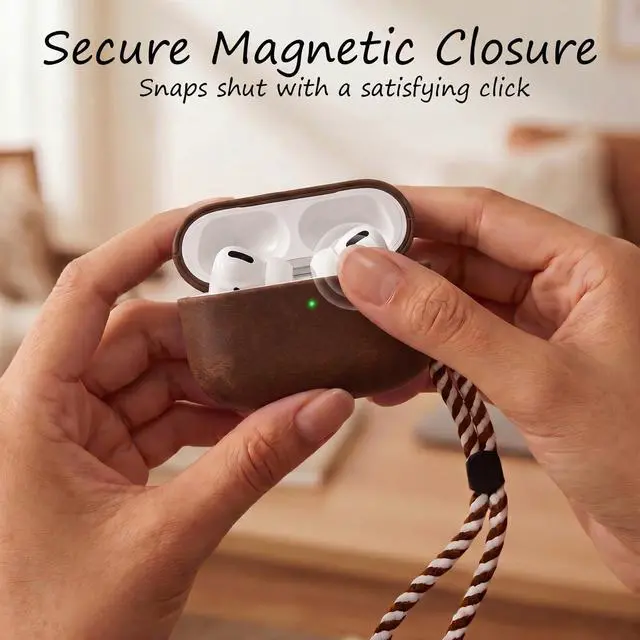 Alt view image 6 of 7 - for AirPods Pro 3 Genuine Leather CaseAll-Round ShockproofMulti Leather, Frame+Hide Patented Dual LayerWireless Charging ReadyLED Visiblewith Lanyard (Dark Brown, Crazy Horse Leather)