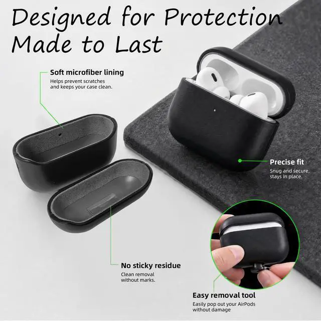 Alt view image 4 of 7 - for AirPods Pro 3 Genuine Leather CaseAll-Round ShockproofMulti Leather, Frame+Hide Patented Dual LayerWireless Charging ReadyLED Visiblewith Lanyard (Black, Waxed Leather)