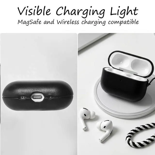 Alt view image 3 of 7 - for AirPods Pro 3 Genuine Leather CaseAll-Round ShockproofMulti Leather, Frame+Hide Patented Dual LayerWireless Charging ReadyLED Visiblewith Lanyard (Black, Waxed Leather)