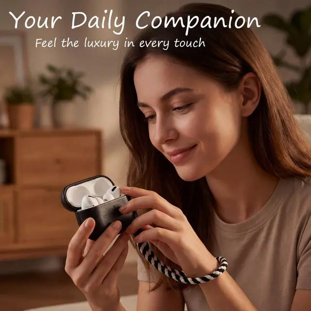Alt view image 7 of 7 - for AirPods Pro 3 Genuine Leather CaseAll-Round ShockproofMulti Leather, Frame+Hide Patented Dual LayerWireless Charging ReadyLED Visiblewith Lanyard (Black, Waxed Leather)