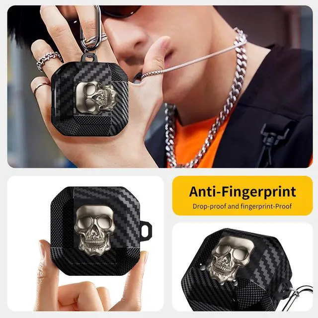 Alt view image 2 of 6 - for Samsung Galaxy Buds 4 Pro Case/Galaxy Bud 4 Cover Skull Gold | Funny 3D Skeleton Carbon Fiber Shockproof Cover with Keychain, Gothic Boys Men Earbuds Case for Galaxy Bud 4/ Buds 4 Pro