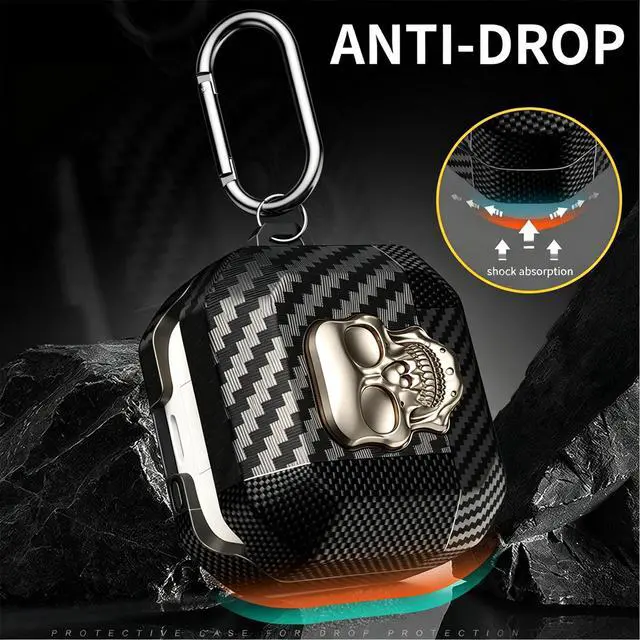 Alt view image 5 of 6 - for Samsung Galaxy Buds 4 Pro Case/Galaxy Bud 4 Cover Skull Gold | Funny 3D Skeleton Carbon Fiber Shockproof Cover with Keychain, Gothic Boys Men Earbuds Case for Galaxy Bud 4/ Buds 4 Pro