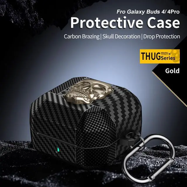 Alt view image 6 of 6 - for Samsung Galaxy Buds 4 Pro Case/Galaxy Bud 4 Cover Skull Gold | Funny 3D Skeleton Carbon Fiber Shockproof Cover with Keychain, Gothic Boys Men Earbuds Case for Galaxy Bud 4/ Buds 4 Pro