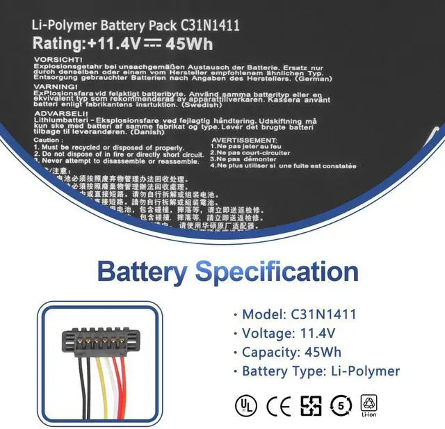 Alt view image 2 of 7 - 45Wh C31N1411 Laptop Battery for ASUS ZenBook UX305/UX305F/FA Series | UX305C UX305CA U305 U305F U305FA U305UA U305CA U305LA Series Notebook 0B200-01180000 11.4V 45Wh 3Cells