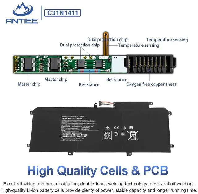 Alt view image 3 of 7 - 45Wh C31N1411 Laptop Battery for ASUS ZenBook UX305/UX305F/FA Series | UX305C UX305CA U305 U305F U305FA U305UA U305CA U305LA Series Notebook 0B200-01180000 11.4V 45Wh 3Cells