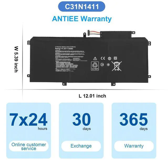 Alt view image 7 of 7 - 45Wh C31N1411 Laptop Battery for ASUS ZenBook UX305/UX305F/FA Series | UX305C UX305CA U305 U305F U305FA U305UA U305CA U305LA Series Notebook 0B200-01180000 11.4V 45Wh 3Cells
