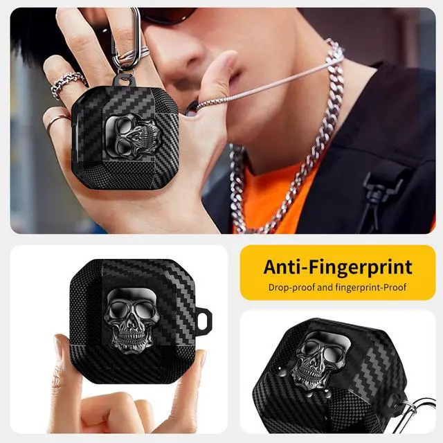 Alt view image 2 of 6 - for Samsung Galaxy Buds 4 Pro Case/Galaxy Bud 4 Cover Skull Silver | Funny 3D Skeleton Carbon Fiber Shockproof Cover with Keychain, Gothic Boys Men Earbuds Case for Galaxy Bud 4/ Buds 4 Pro