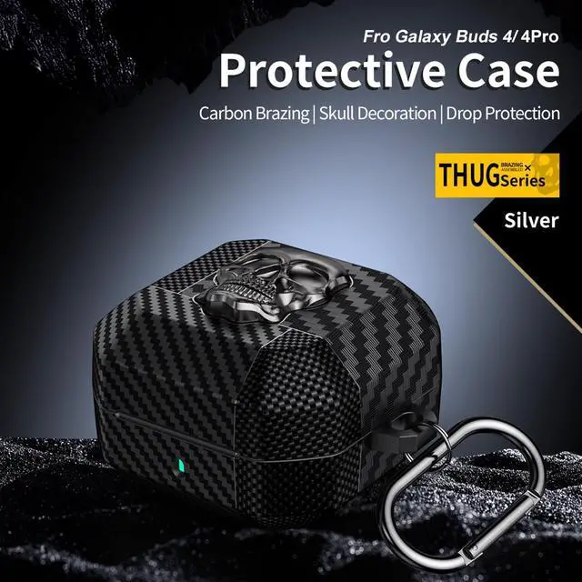 Alt view image 6 of 6 - for Samsung Galaxy Buds 4 Pro Case/Galaxy Bud 4 Cover Skull Silver | Funny 3D Skeleton Carbon Fiber Shockproof Cover with Keychain, Gothic Boys Men Earbuds Case for Galaxy Bud 4/ Buds 4 Pro