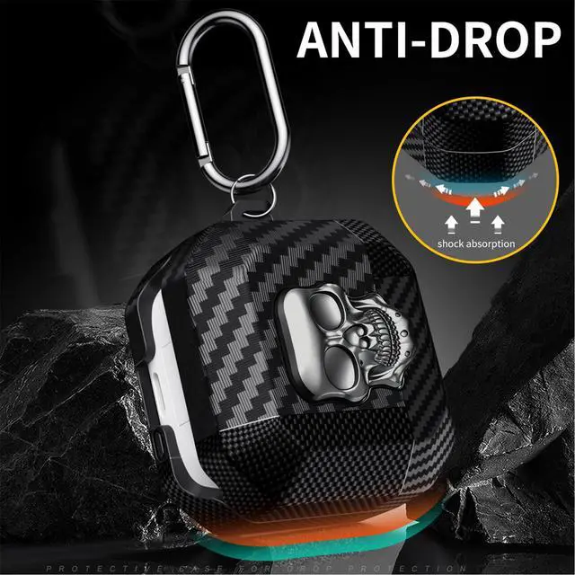 Alt view image 5 of 6 - for Samsung Galaxy Buds 4 Pro Case/Galaxy Bud 4 Cover Skull Silver | Funny 3D Skeleton Carbon Fiber Shockproof Cover with Keychain, Gothic Boys Men Earbuds Case for Galaxy Bud 4/ Buds 4 Pro