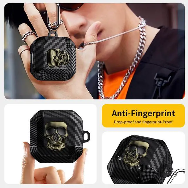 Alt view image 2 of 6 - for Samsung Galaxy Buds 4 Pro Case/Galaxy Bud 4 Cover Skull Copper | Funny 3D Skeleton Carbon Fiber Shockproof Cover with Keychain, Gothic Boys Men Earbuds Case for Galaxy Bud 4/ Buds 4 Pro