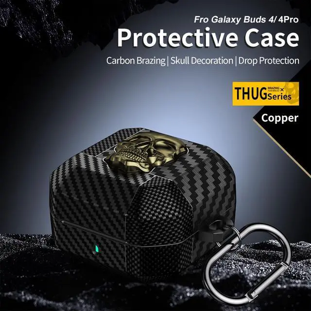 Alt view image 6 of 6 - for Samsung Galaxy Buds 4 Pro Case/Galaxy Bud 4 Cover Skull Copper | Funny 3D Skeleton Carbon Fiber Shockproof Cover with Keychain, Gothic Boys Men Earbuds Case for Galaxy Bud 4/ Buds 4 Pro
