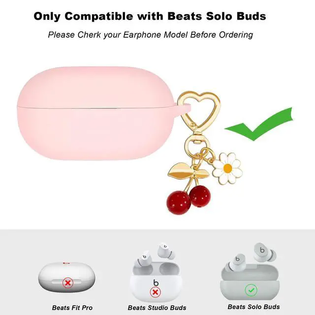 Alt view image 2 of 6 - Protective Case for Beats Solo Buds Case Cover with Cute Cherry Charm Heart Keychain, Soft Silicone Daisy Key Chains Accessories for New Beats Solo Charging Case Earbuds for Women Men Pink