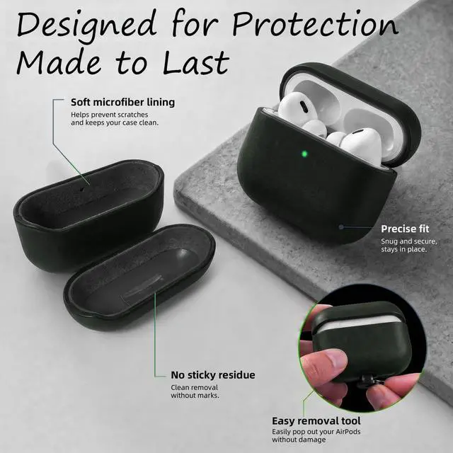 Alt view image 4 of 7 - for AirPods Pro 3 Genuine Leather CaseAll-Round ShockproofMulti Leather, Frame+Hide Patented Dual LayerWireless Charging ReadyLED Visiblewith Lanyard (Green, Crazy Horse Leather)