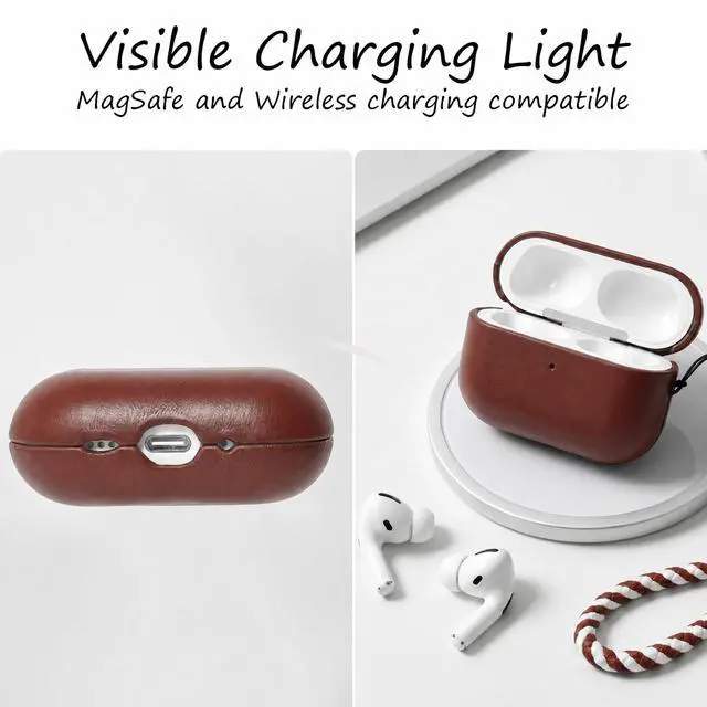 Alt view image 3 of 7 - for AirPods Pro 3 Genuine Leather CaseAll-Round ShockproofMulti Leather, Frame+Hide Patented Dual LayerWireless Charging ReadyLED Visiblewith Lanyard (Dark Brown, Waxed Leather)