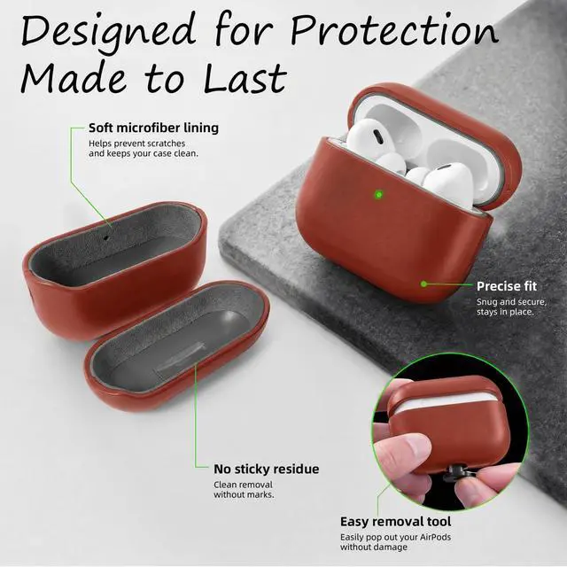 Alt view image 4 of 7 - for AirPods Pro 3 Genuine Leather CaseAll-Round ShockproofMulti Leather, Frame+Hide Patented Dual LayerWireless Charging ReadyLED Visiblewith Lanyard (Dark Brown, Waxed Leather)