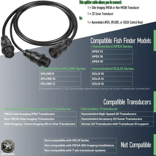 Alt view image 3 of 7 - 720111-1 14 M ID SIDB Y Splitter Cable for Humminbird - Compatible with SOLIX & APEX Fish Finders, Side Imaging & 2D Sonar Connection