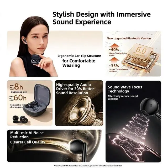 Alt view image 3 of 6 - Clip on Ear Buds The Lady's Innovative Z-Shaped Open Ear Design | Up to 60H Playback, ENC Call Noise Reduction, IPX5 Water Resistant, Comfort Fit, Perfect for Personal Use & Gifting