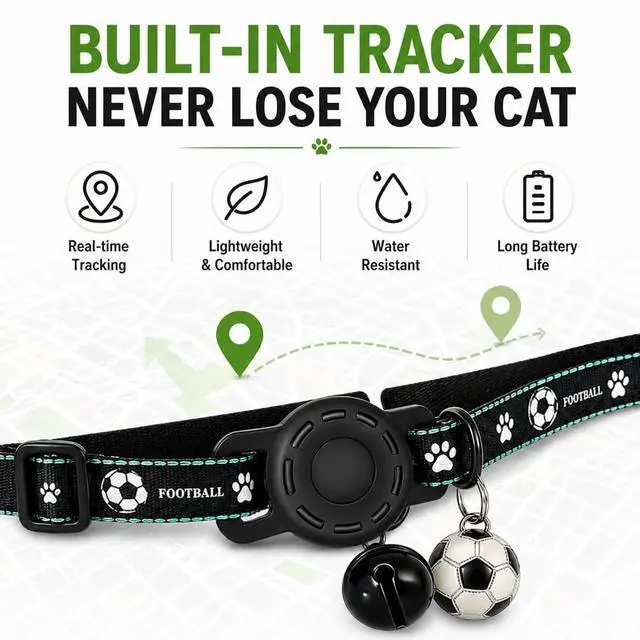 Alt view image 6 of 7 - GPS Collar for Cats (Android Only) Pet Tracker, Soccer Style Smart Tag Compatible with Google Find My, Waterproof No Monthly Fee Cat Tracking Collar, Game Day Football Design for Pet Safety