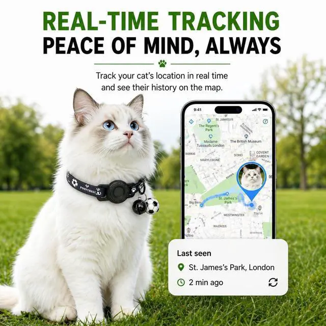 Alt view image 4 of 7 - GPS Collar for Cats (Android Only) Pet Tracker, Soccer Style Smart Tag Compatible with Google Find My, Waterproof No Monthly Fee Cat Tracking Collar, Game Day Football Design for Pet Safety