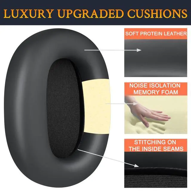 Alt view image 4 of 6 - Earpads Replacement for Sony WH-1000XM6(WH1000XM6) Noise Canceling Headphones, Ear Pads Cushions with Soft Protein Leather and High-Density Memory Foam - Black