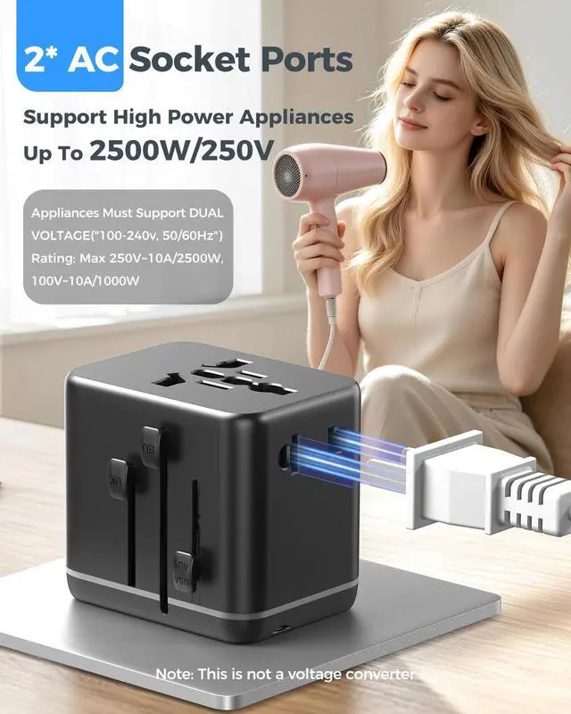 Alt view image 4 of 7 - Universal Travel Adapter with Dual AC Outlets, 4 USB Ports, 2500W | 3 USB-C & 1 USB-A Ports, Charge 6 Devices, Compact Design, EU/US/UK/AU Plug Adapter for 200+ Countries