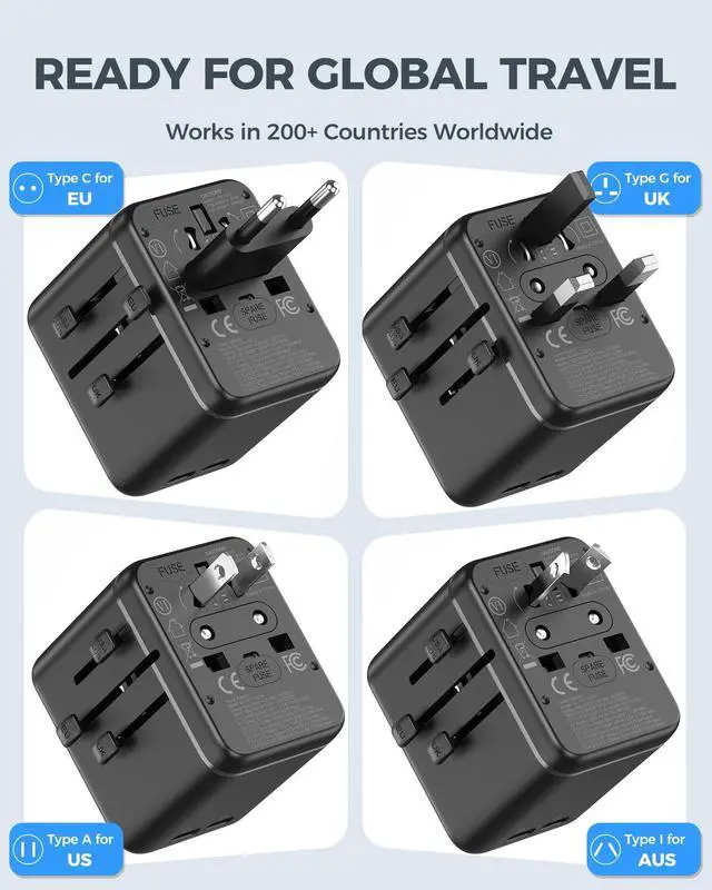 Alt view image 5 of 7 - Universal Travel Adapter with Dual AC Outlets, 4 USB Ports, 2500W | 3 USB-C & 1 USB-A Ports, Charge 6 Devices, Compact Design, EU/US/UK/AU Plug Adapter for 200+ Countries