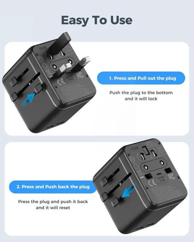 Alt view image 6 of 7 - Universal Travel Adapter with Dual AC Outlets, 4 USB Ports, 2500W | 3 USB-C & 1 USB-A Ports, Charge 6 Devices, Compact Design, EU/US/UK/AU Plug Adapter for 200+ Countries