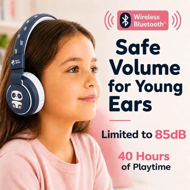 Alt view image 2 of 6 - Kids Bluetooth Headphones, Panda Design, 40H Playtime | Wireless Headphones for Toddler Boys & Girls Ages 3+, Foldable On-Ear, Stereo Sound with Mic, USB C Charging, School & Travel