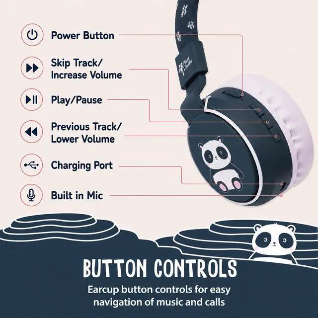 Alt view image 5 of 6 - Kids Bluetooth Headphones, Panda Design, 40H Playtime | Wireless Headphones for Toddler Boys & Girls Ages 3+, Foldable On-Ear, Stereo Sound with Mic, USB C Charging, School & Travel