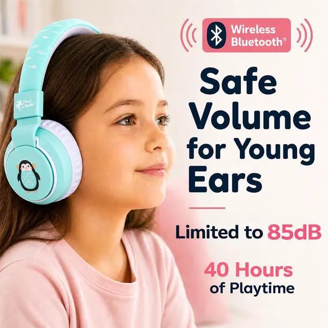 Alt view image 2 of 6 - Kids Bluetooth Headphones, Penguin Design, 40H Playtime | Wireless Headphones for Toddler Boys & Girls Ages 3+, Foldable On-Ear, Stereo Sound with Mic, USB C Charging, School & Travel