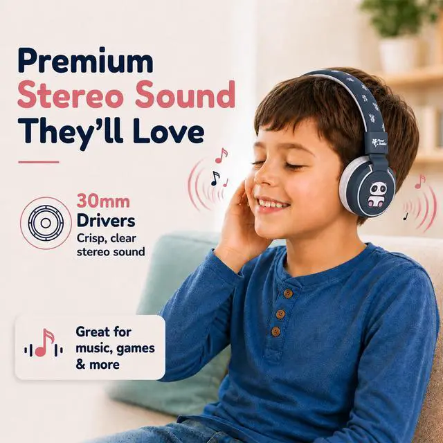 Alt view image 6 of 6 - Kids Bluetooth Headphones, Panda Design, 40H Playtime | Wireless Headphones for Toddler Boys & Girls Ages 3+, Foldable On-Ear, Stereo Sound with Mic, USB C Charging, School & Travel