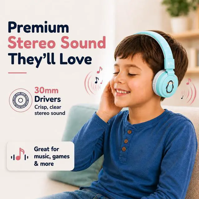 Alt view image 5 of 6 - Kids Bluetooth Headphones, Penguin Design, 40H Playtime | Wireless Headphones for Toddler Boys & Girls Ages 3+, Foldable On-Ear, Stereo Sound with Mic, USB C Charging, School & Travel