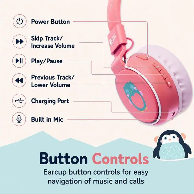 Alt view image 6 of 6 - Kids Bluetooth Headphones, Penguin Design, 40H Playtime | Wireless Headphones for Toddler Boys & Girls Ages 3+, Foldable On-Ear, Stereo Sound with Mic, USB C Charging, School & Travel