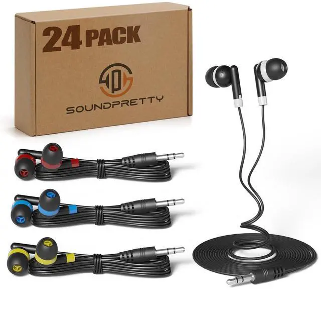 Main image of SP SOUNPRETTY Bulk Kid Classroom Earbuds 24 Pack Wired - 4 Assorted Colors,85dB Safe Volume Headphones for School, Chromebook, Tablet - Individually Wrapped