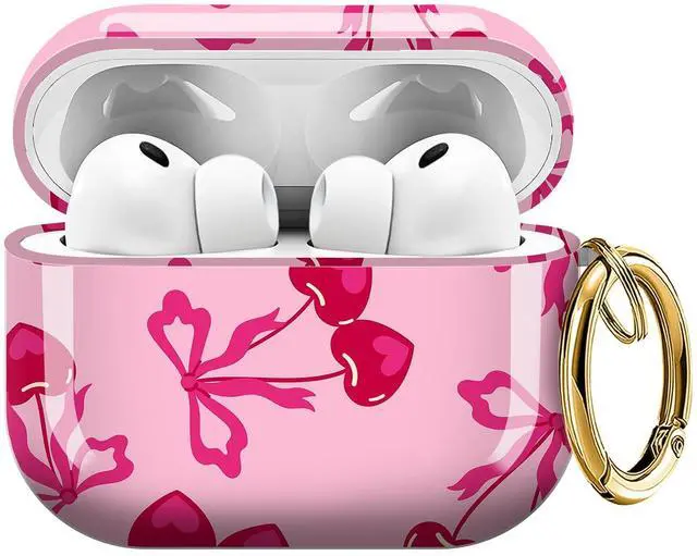 Main image of Cute Case Cover Compatible with AirPod Pro 3 Generation(2025), Shockproof for Women & Girls with Cute Golden Round Buckle Protective, Anti-Drop Design(Cute Cherries with Bows)