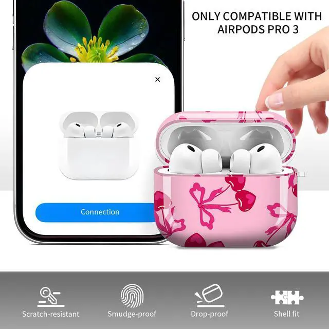 Alt view image 3 of 6 - Cute Case Cover Compatible with AirPod Pro 3 Generation(2025), Shockproof for Women & Girls with Cute Golden Round Buckle Protective, Anti-Drop Design(Cute Cherries with Bows)