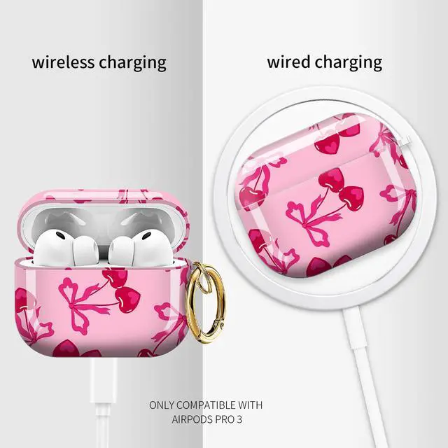 Alt view image 4 of 6 - Cute Case Cover Compatible with AirPod Pro 3 Generation(2025), Shockproof for Women & Girls with Cute Golden Round Buckle Protective, Anti-Drop Design(Cute Cherries with Bows)