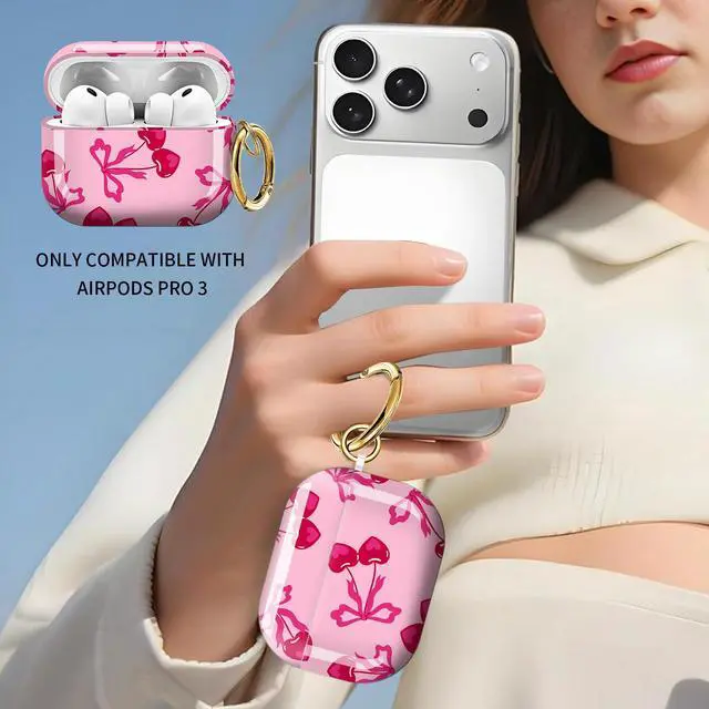 Alt view image 2 of 6 - Cute Case Cover Compatible with AirPod Pro 3 Generation(2025), Shockproof for Women & Girls with Cute Golden Round Buckle Protective, Anti-Drop Design(Cute Cherries with Bows)