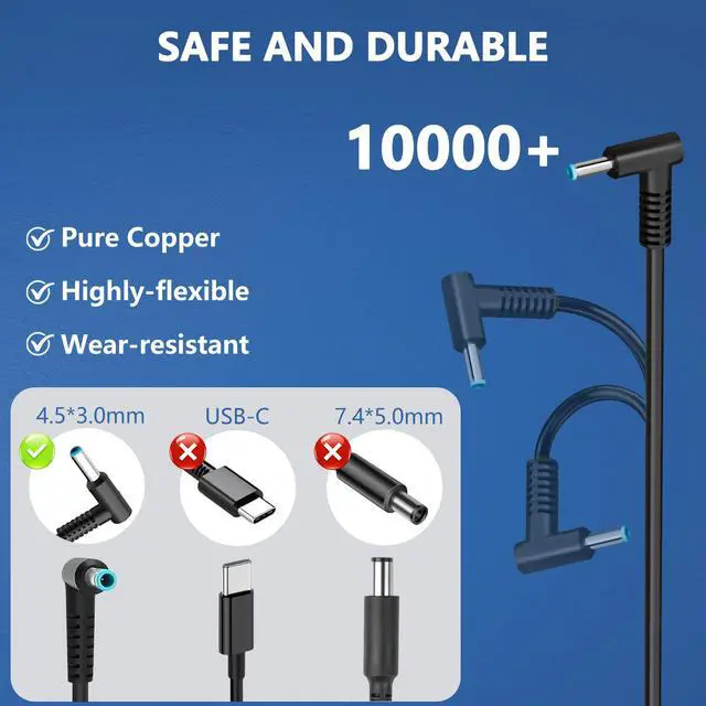Alt view image 5 of 6 - 19.5V 3.33A 65W for HP Laptop Charger 4.5 * 3.0MM Compatible with HP EliteBook Charger 840 850 845 830, Pavilion x360 11 13 15 17, Envy 13 15 X360 ProBook Charger 445 450 430 440 Laptop