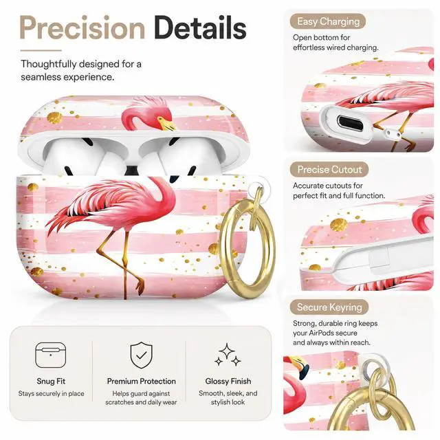 Alt view image 3 of 7 - Compatible with AirPod Pro 2nd/1st Generation Case Cover with Key Chain,Full Protective Shockproof Wireless Headphone Case for Airpod Pro 2023/2022/2019(Pink Flamingo Stripes Gold Dots)