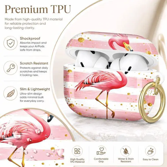 Alt view image 4 of 7 - Compatible with AirPod Pro 2nd/1st Generation Case Cover with Key Chain,Full Protective Shockproof Wireless Headphone Case for Airpod Pro 2023/2022/2019(Pink Flamingo Stripes Gold Dots)