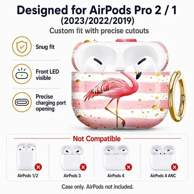 Alt view image 5 of 7 - Compatible with AirPod Pro 2nd/1st Generation Case Cover with Key Chain,Full Protective Shockproof Wireless Headphone Case for Airpod Pro 2023/2022/2019(Pink Flamingo Stripes Gold Dots)