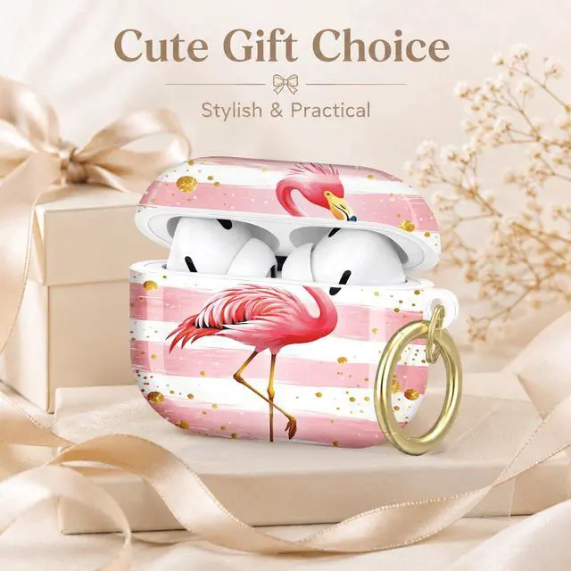 Alt view image 7 of 7 - Compatible with AirPod Pro 2nd/1st Generation Case Cover with Key Chain,Full Protective Shockproof Wireless Headphone Case for Airpod Pro 2023/2022/2019(Pink Flamingo Stripes Gold Dots)