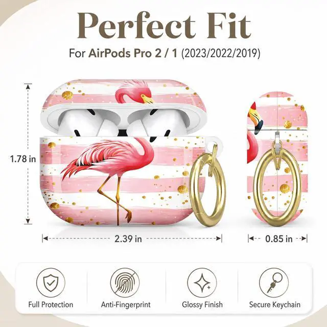 Alt view image 2 of 7 - Compatible with AirPod Pro 2nd/1st Generation Case Cover with Key Chain,Full Protective Shockproof Wireless Headphone Case for Airpod Pro 2023/2022/2019(Pink Flamingo Stripes Gold Dots)