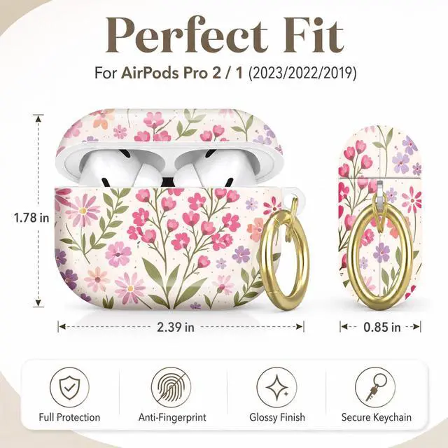 Alt view image 2 of 7 - Compatible with AirPod Pro 2nd/1st Generation Case Cover with Key Chain,Full Protective Shockproof Wireless Headphone Case for Airpod Pro 2023/2022/2019(Floral with Pink Purple Flowers)