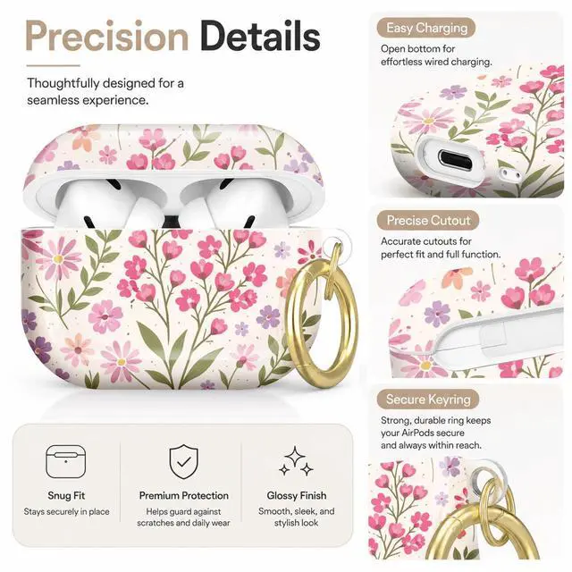Alt view image 3 of 7 - Compatible with AirPod Pro 2nd/1st Generation Case Cover with Key Chain,Full Protective Shockproof Wireless Headphone Case for Airpod Pro 2023/2022/2019(Floral with Pink Purple Flowers)