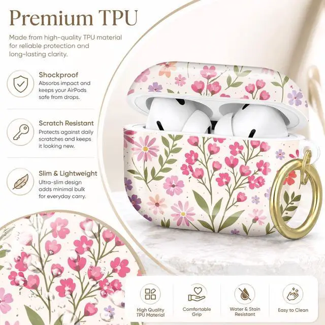 Alt view image 4 of 7 - Compatible with AirPod Pro 2nd/1st Generation Case Cover with Key Chain,Full Protective Shockproof Wireless Headphone Case for Airpod Pro 2023/2022/2019(Floral with Pink Purple Flowers)