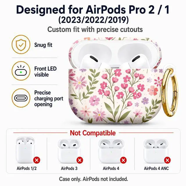Alt view image 5 of 7 - Compatible with AirPod Pro 2nd/1st Generation Case Cover with Key Chain,Full Protective Shockproof Wireless Headphone Case for Airpod Pro 2023/2022/2019(Floral with Pink Purple Flowers)