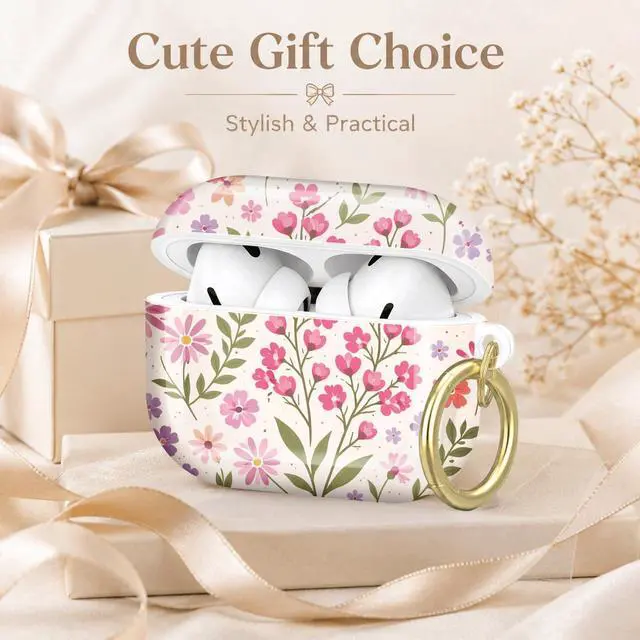 Alt view image 7 of 7 - Compatible with AirPod Pro 2nd/1st Generation Case Cover with Key Chain,Full Protective Shockproof Wireless Headphone Case for Airpod Pro 2023/2022/2019(Floral with Pink Purple Flowers)